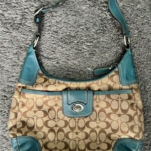 Coach Brown and Teal Signature Shoulder Bag